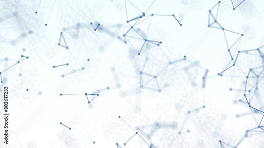 Poster 3d abstract blue blurred geometry wireframe network and connecting dot in space on white background.