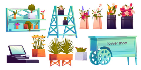 Flower shop set, potted plants on shelves, cashier and decoration isolated on white background, floristic store interior items with blossom compositions for sale. Cartoon vector illustration, clip art