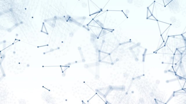 3D Abstract blue blurred geometry wireframe network and connecting dot in space on white background. Futuristics computer and medical science concept. Abstract technology motion. 4K graphic design