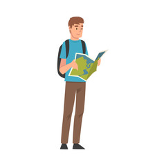Male Tourist with Backpack Holding Road Map Planning the Route, Summer Travel, Camping, Backpacking Trip or Expedition Vector Illustration