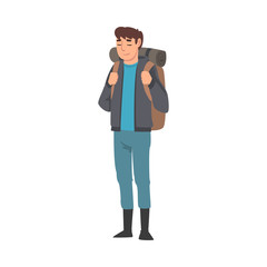 Male Tourist with Backpack, Summer Travel, Camping, Backpacking Trip or Expedition Vector Illustration