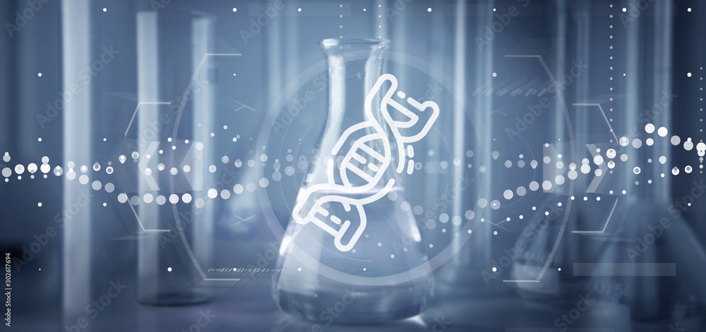 Poster view of a dna icon on a lab background