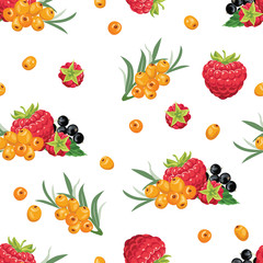 Seamless pattern with red berries of raspberries, orange sea buckthorn and black currant on a white background. Vector illustration of fresh berries and green leaves in cartoon simple flat style.