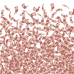 Russian ruble notes falling. Small RUB bills on wh