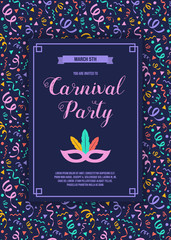Carnaval Party - funny invitation with colorful background with confetti. Vector