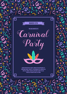 Carnaval Party - funny invitation with colorful background with confetti. Vector