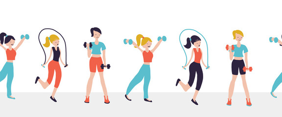 Women fitness workout exercises seamless vector border. Illustration Sport club gym bodybuilding powerlifting health training dumbbells jump rope. Healthy lifestyle. Crossfit isolated flat icons