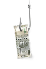 Indian currency note Rs. 500 bill and fishing hook on a white background. The concept of cash transactions - 3D illustration