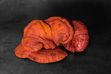 Lingzhi mushroom (Reishi) on rustic black background. Belong to the genus Ganoderma. Traditional Chinese medicine and nutritive value.