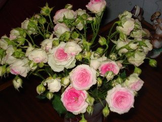 Bouquet of Bush roses with a dark pink heart and beige petals on the edge standing in a vase on a wooden table