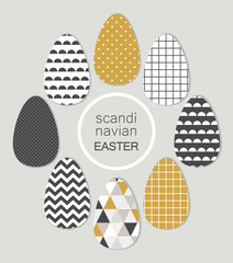 Cute Scandinavian Easter eggs card with geometric tribal ornament in black, white and gold colors of ethnic patterns