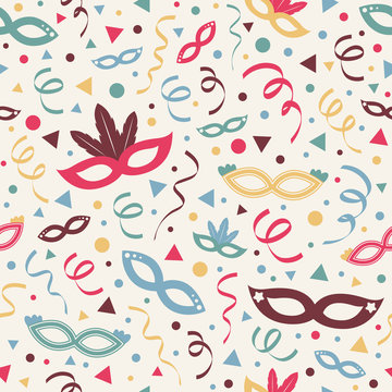 Party background with funny masks and serpentines. Vector