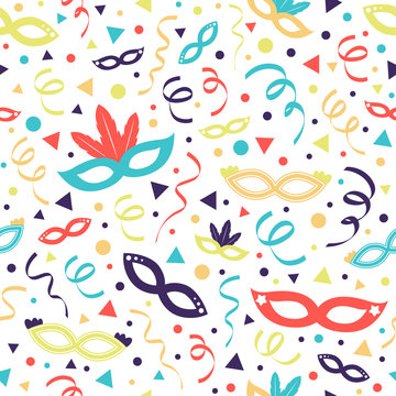 Colorful seamless pattern with carnival, photobooth and birthday party elements. Vector
