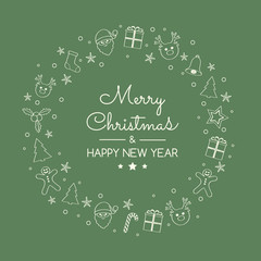 Concept of Christmas greeting card with hand drawn decorations. Vector.