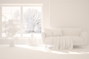 Mock up of stylish room in white color with sofa and winter landscape in window. Scandinavian interior design. 3D illustration