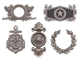 Set of silver decorative elements isolated on white background