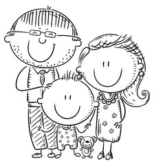 Happy family with one child, outline vector illustration