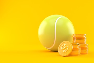 Tennis ball with stack of coins