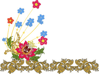 color flowers in decorated gold ornament on white