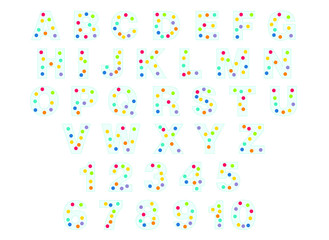 alphabet for children. Kids learning material. Card for learning alphabet. colored alphabet and numbers in colored dots