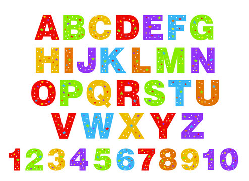 alphabet for children. Kids learning material. Card for learning alphabet. colored alphabet and numbers in white dots and stars