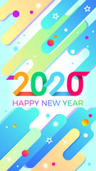 2020 Happy New Year. Paper Memphis geometric bright style for holidays flyers, greetings, invitations, Happy New Year or Merry Christmas cards. Holiday background, poster, banner. Vector Illustration.