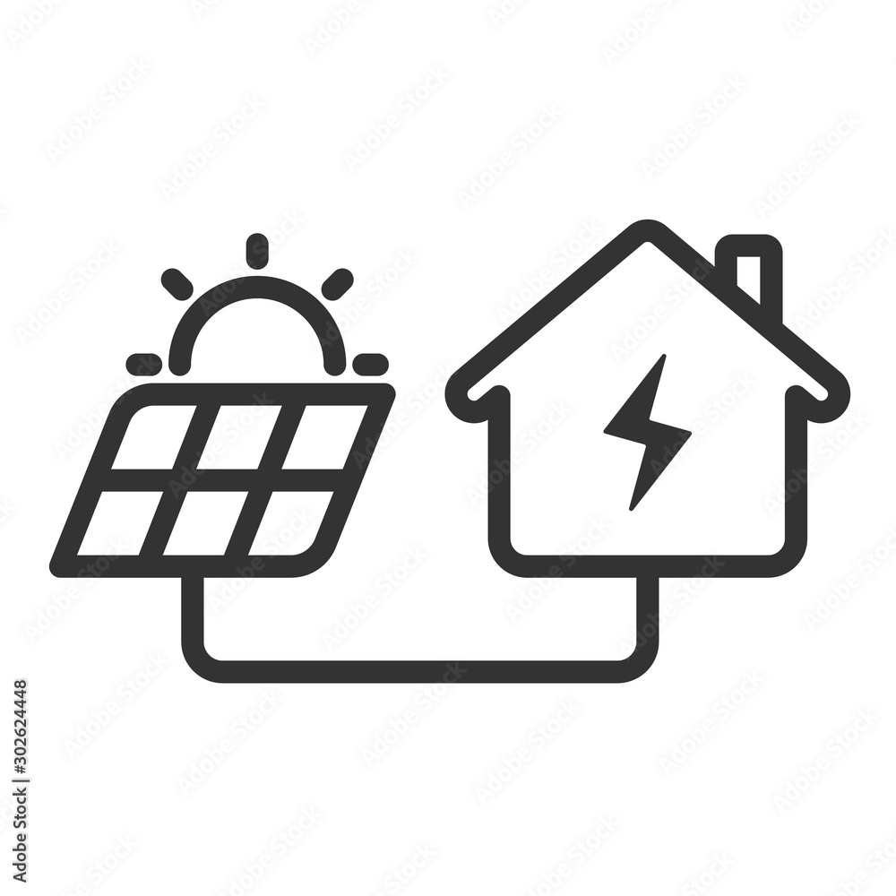 Poster solar panel connected to the house line vector icon isolated on white background. house powered by a