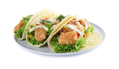 Yummy fish tacos with lettuce isolated on white