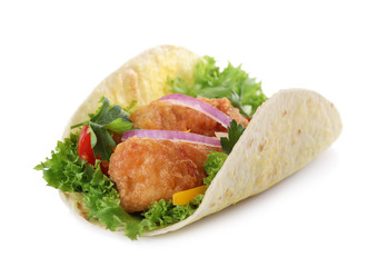 Yummy fish taco with onion isolated on white