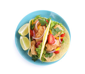 Yummy fish tacos isolated on white, top view