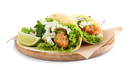 Yummy fish tacos with lettuce isolated on white