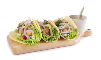 Yummy fish tacos with sauce isolated on white