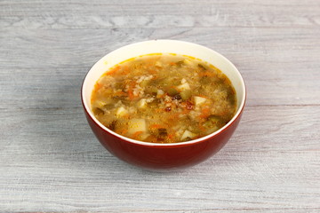 Soup from pickled cucumbers. Rassolnik. Zupa ogorkowa.