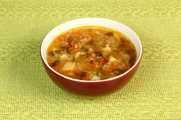 Soup from pickled cucumbers. Rassolnik. Zupa ogorkowa.