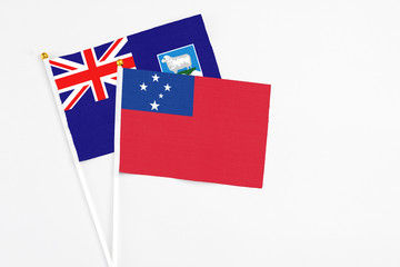Samoa and Falkland Islands stick flags on white background. High quality fabric, miniature national...