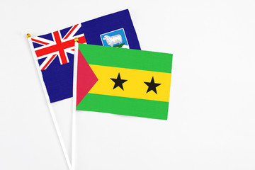 Sao Tome And Principe and Falkland Islands stick flags on white background. High quality fabric,...