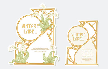 Lily of the valley. Set of 2 labels, decorative frames, borders. Good for product label. Vector illustration. In art nouveau style, vintage, old, retro style. Isolated on white background..