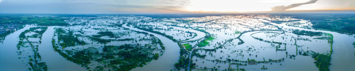 Top view Aerial photo from flying drone.Flooded rice paddies.Flooding the fields with water in...