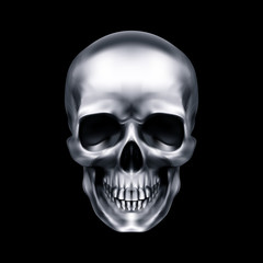Human Metallic Skull. The Concept of Death, Horror. A Symbol of Spooky Halloween. Isolated Object on a Black Background, Can be Used with any Image