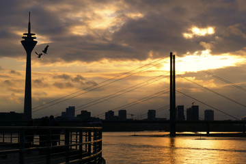 Skyline von Düsseldorf am Rhein bei Sonnenuntergang