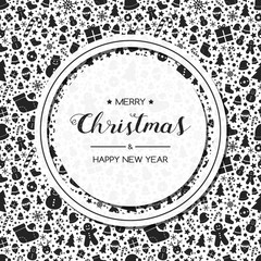 Merry Christmas and Happy New Year. Xmas greetings on background with decorations. Vector