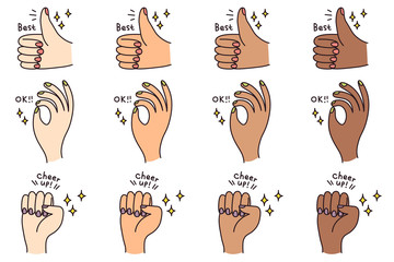 3 Hand Drawn Hand Gesture with Skin Tones Vector Illustration - 302627469