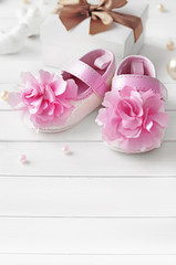 Plakat baby shoes. baby birth accessories
