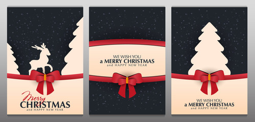 Obraz na płótnie Canvas Set of Christmas and New Year banners. Xmas greeting card with red bow and snowflakes.