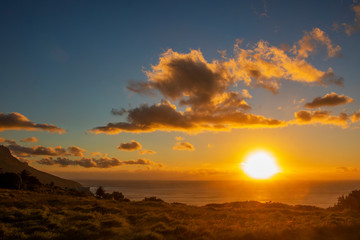 Grass meadow field at sunset or sunrise over the ocean in Camps Bay, Cape Town.