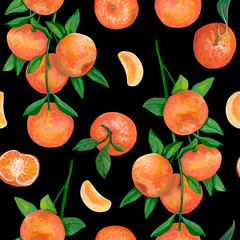 Hand drawn seamless pattern Realistic botanical drawing with acrylic paint. Branch with tangerine fruit, whole, cut and slice of tangerines on black background. Element for design, wallpaper, wrapping