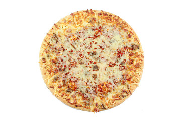 whole pizza with ham and mozzarella on a white background