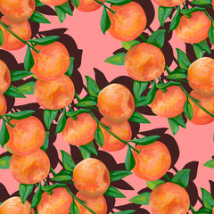 Hand drawn tropical seamless pattern. Realistic botanical drawing with acrylic paint. Branch with tangerine fruits with shadow on pink background. Design for wallpaper, wrapping, card, posters, fabric