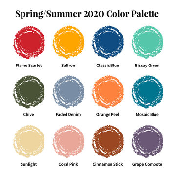 Spring/Summer 2020 Color Palette. Color swatch concept modern style. Color palette guide. Fashion trend. Design guide, catalogue. Vector illustration.