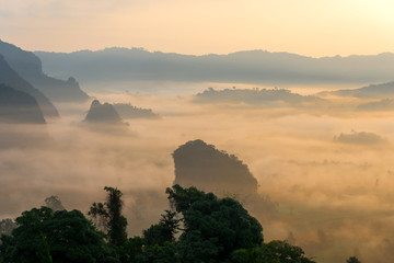 Beautiful landscape sunrise of mountain with mist at Phu Langka National Park Phayao Province thailand.Cool season in Asia.Photo soft focus.